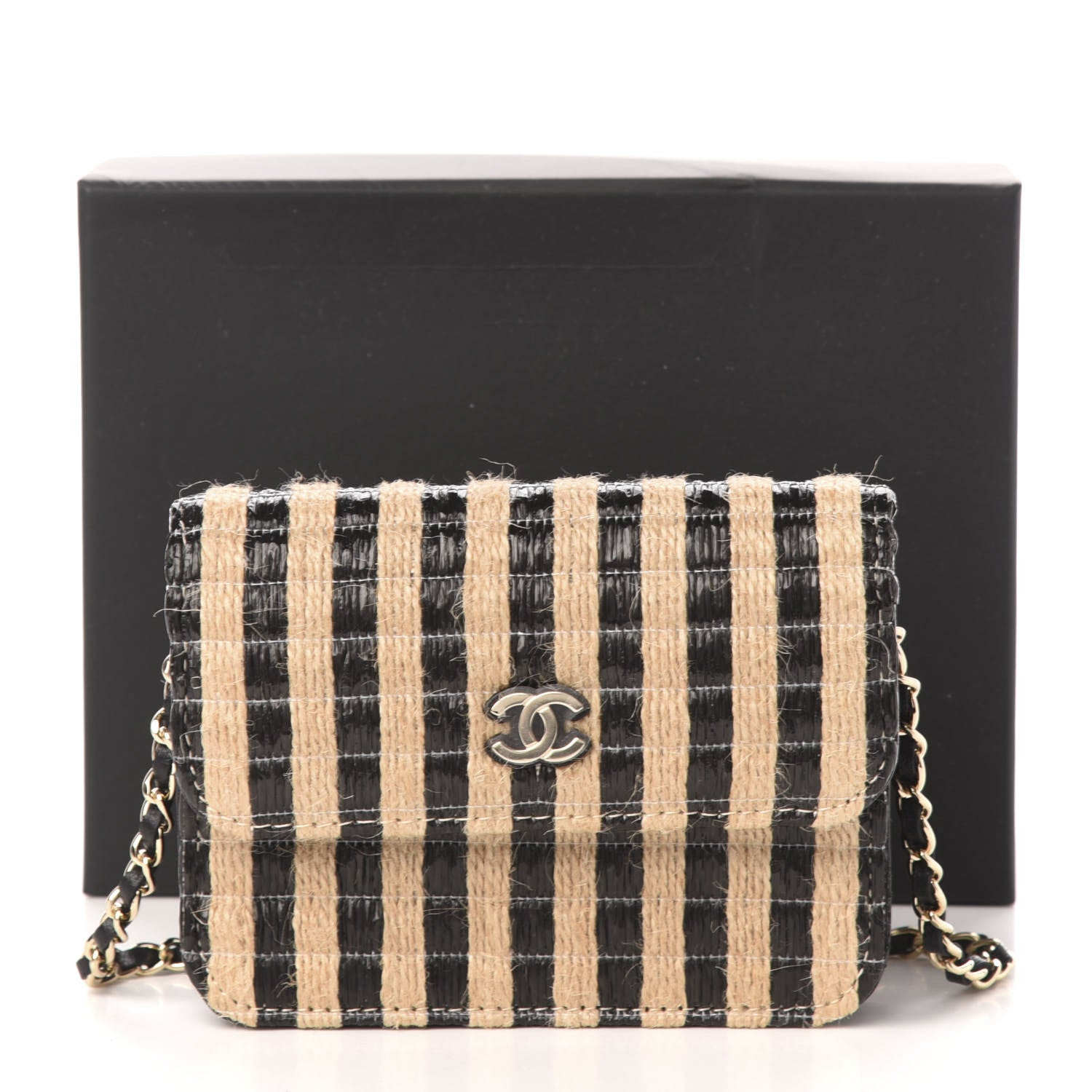 Chanel Raffia Jute Striped Belt Bag Black Beige 13 of 13