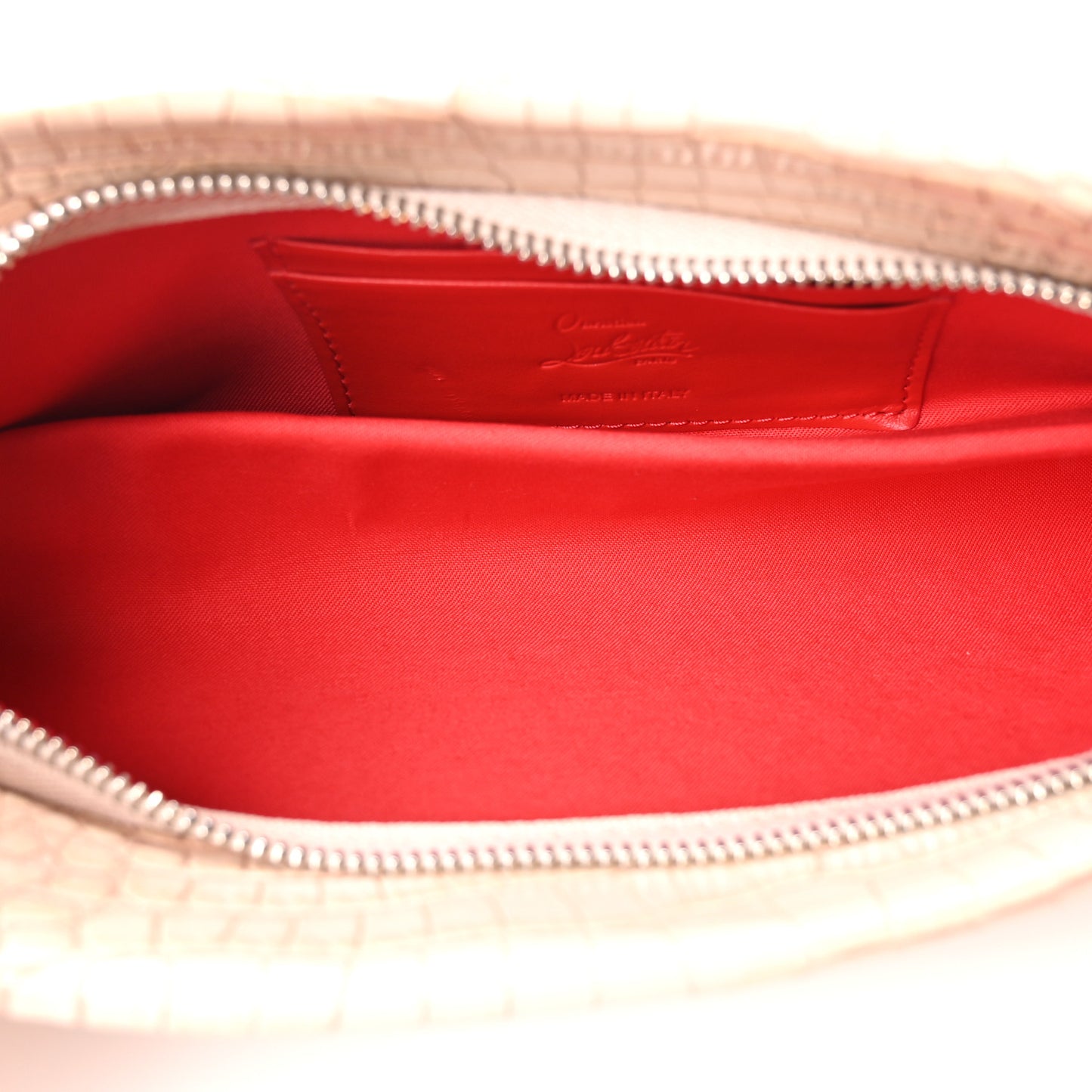 Crocodile Embossed Calfskin Loubi Twist Zip Clutch Bag Beige