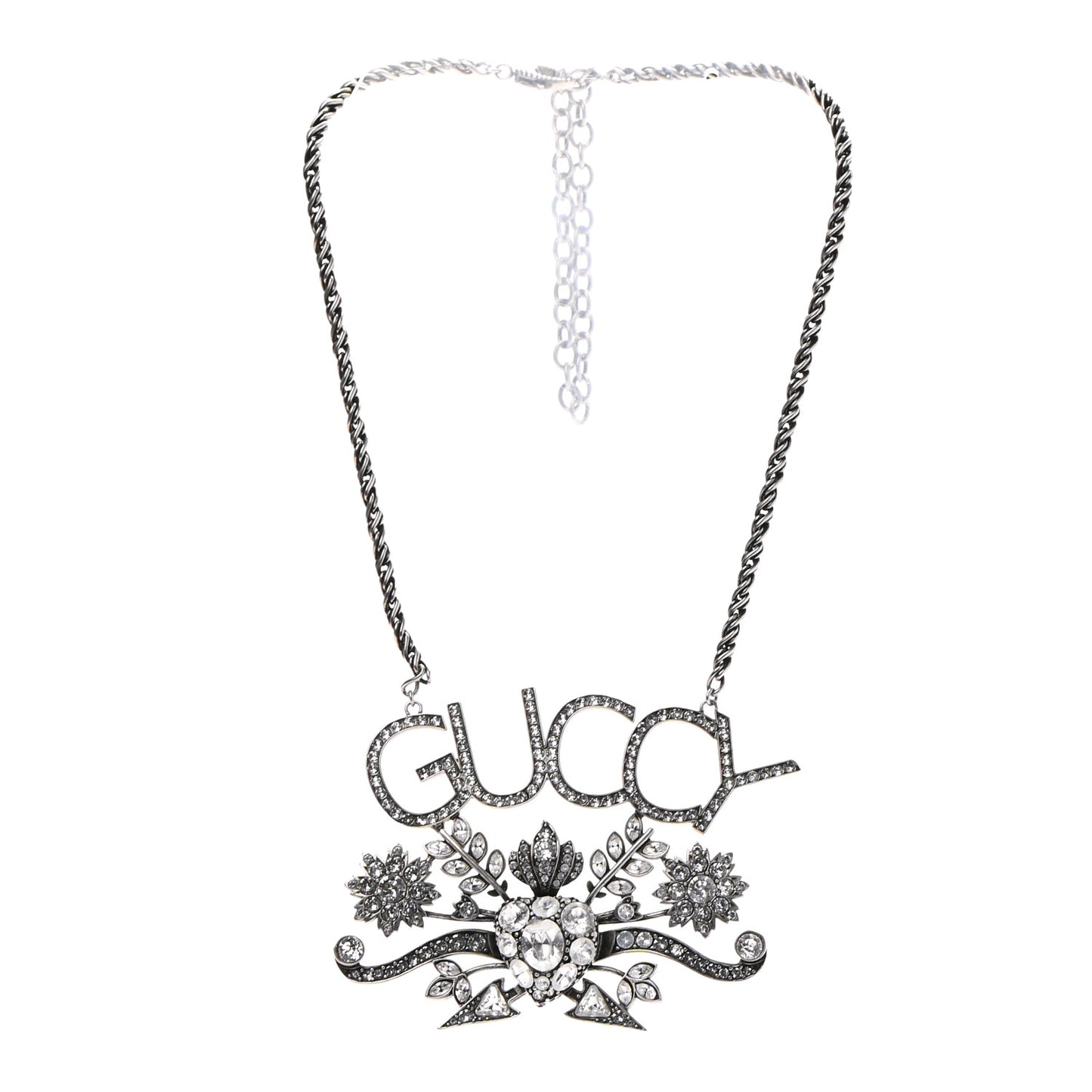 Metal Crystal Guccy Necklace Aged Silver