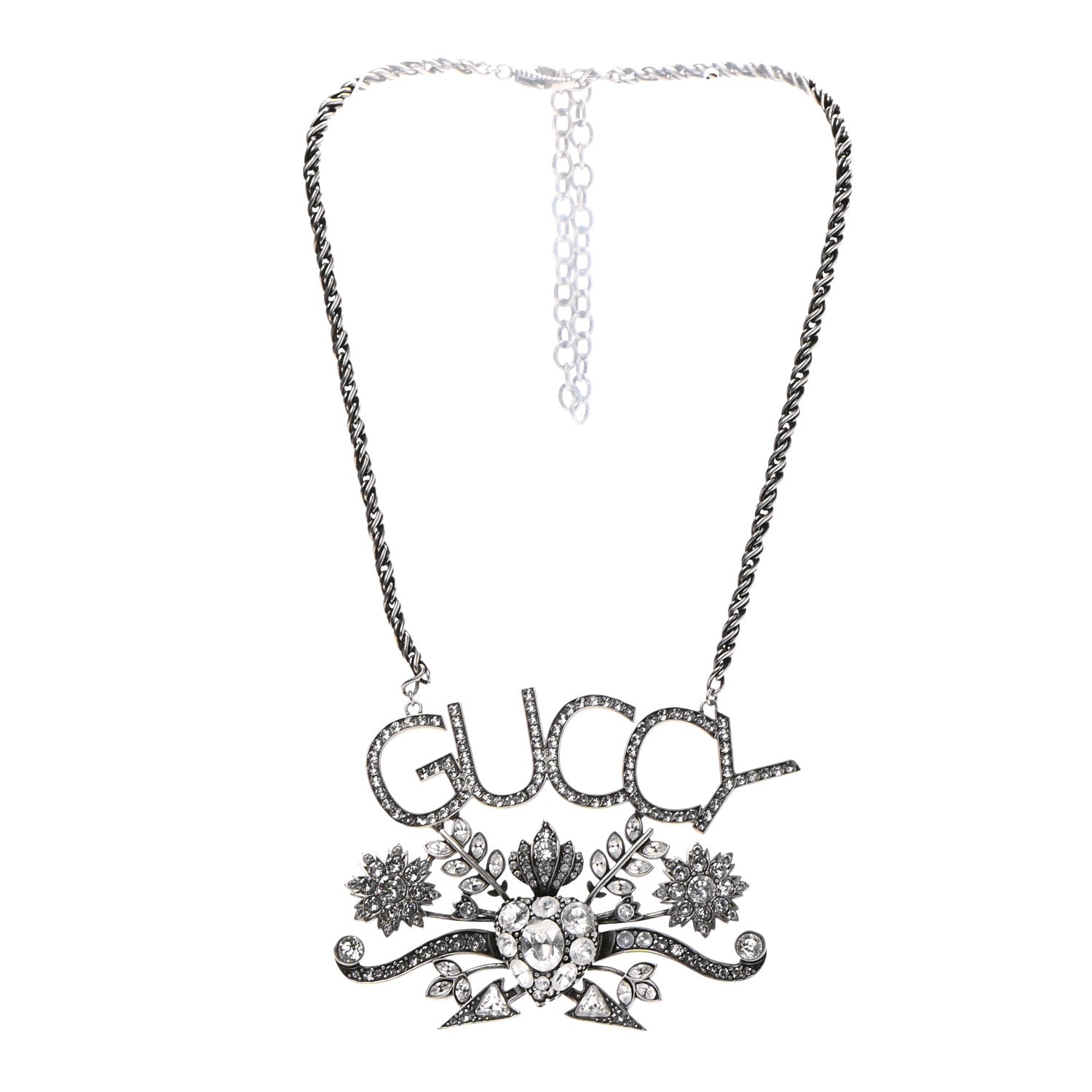 Gucci Metal Crystal Guccy Necklace Aged Silver 3 of 7