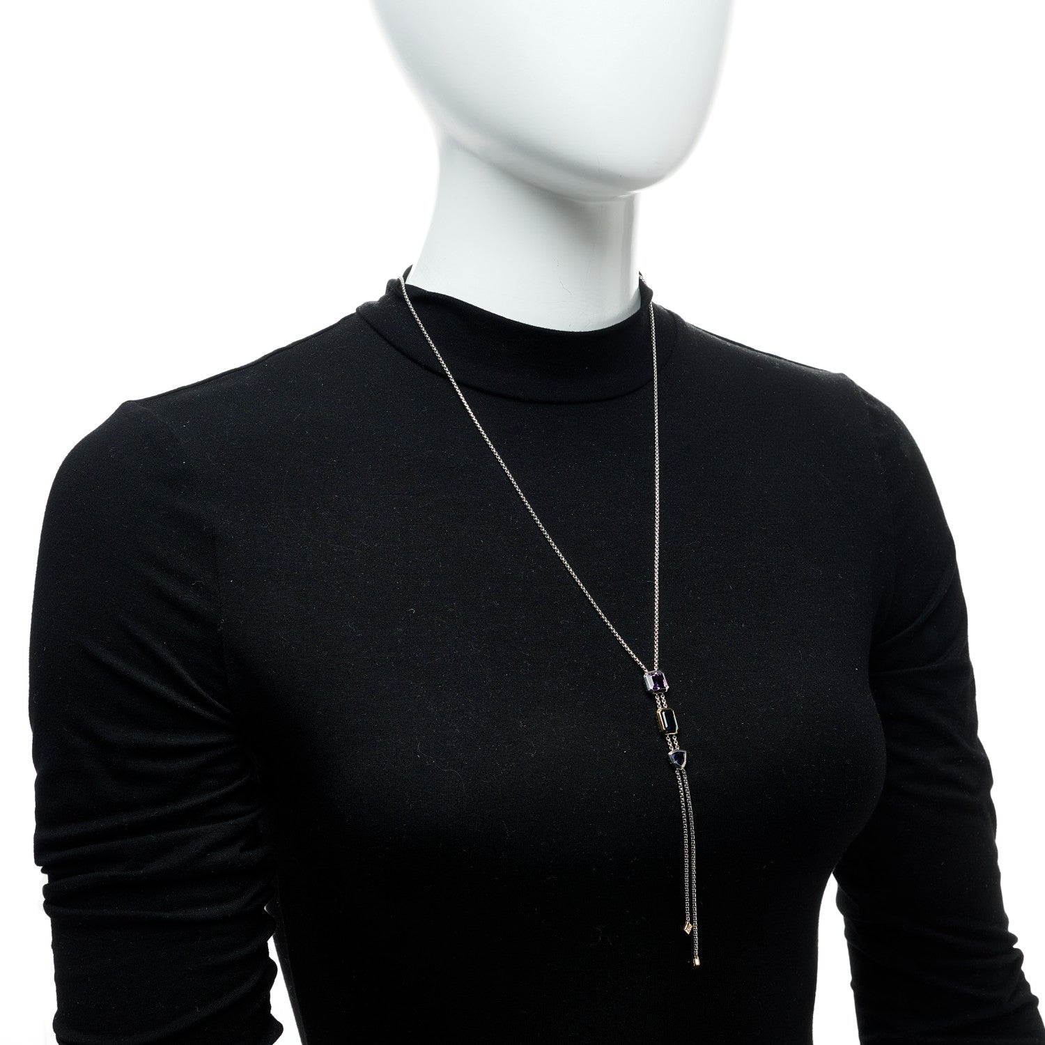 David Yurman Sterling Silver 18K Yellow Gold Diamond Amethyst Hampton Blue Topaz Iolite Novella Y Necklace 2 of 5