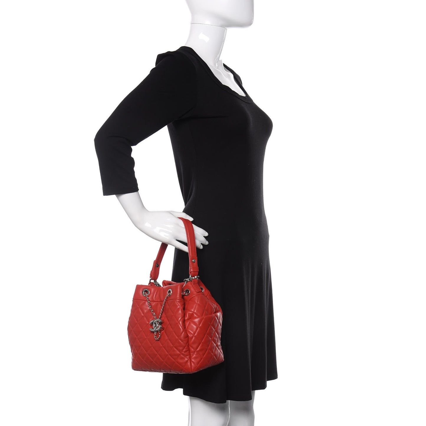 Lambskin Quilted Small CC Chain Drawstring Bucket Bag Red
