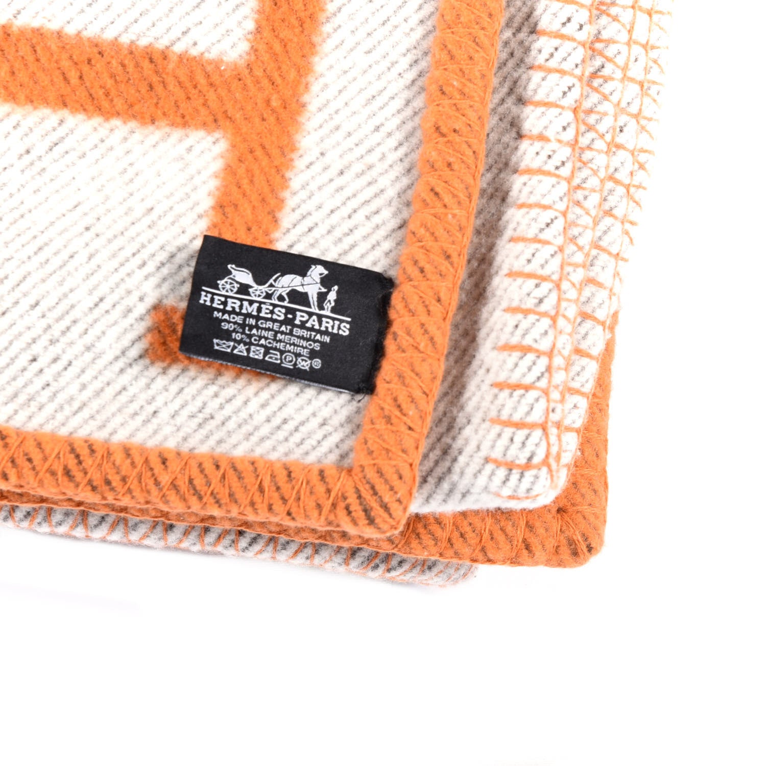 Hermes Wool Cashmere Signature Classic Avalon Blanket Ecru Potiron 3 of 3