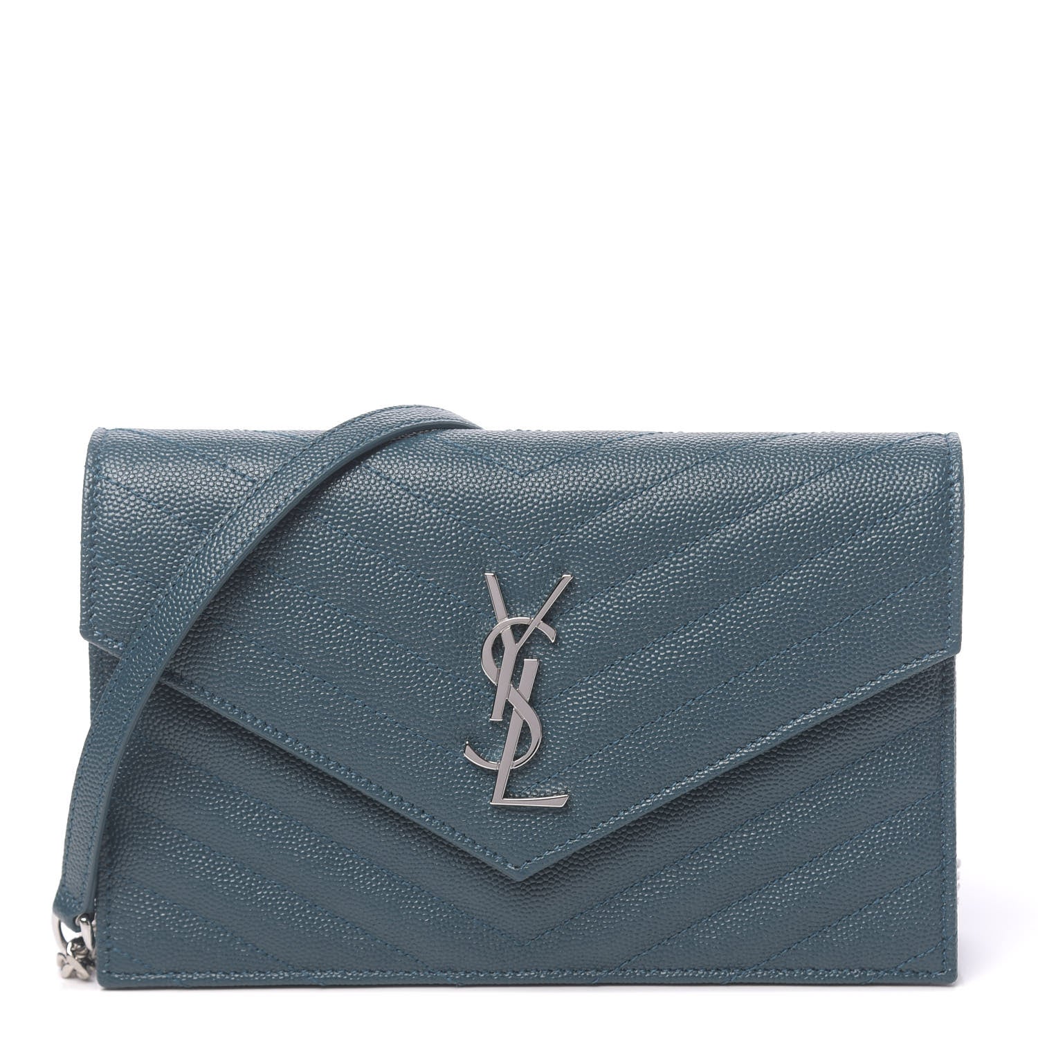 Saint Laurent Grain De Poudre Matelasse Chevron Monogram Envelope Chain Wallet Peacock Green 1 of 12