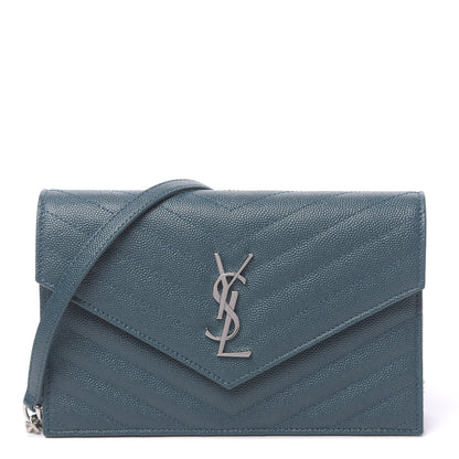 Saint Laurent Grain De Poudre Matelasse Chevron Monogram Envelope Chain Wallet Peacock Green 1 of 12