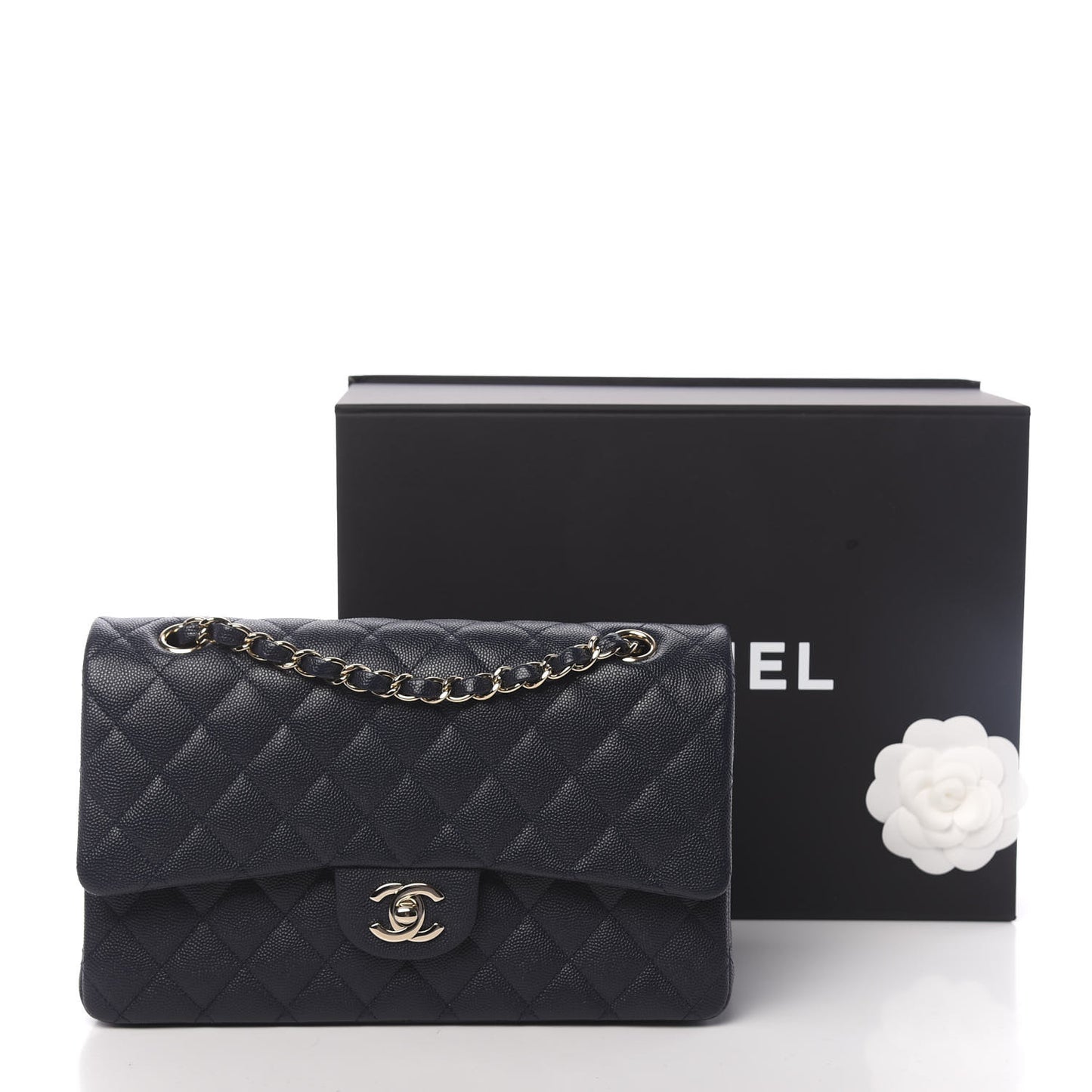 Caviar Quilted Medium Double Flap Navy