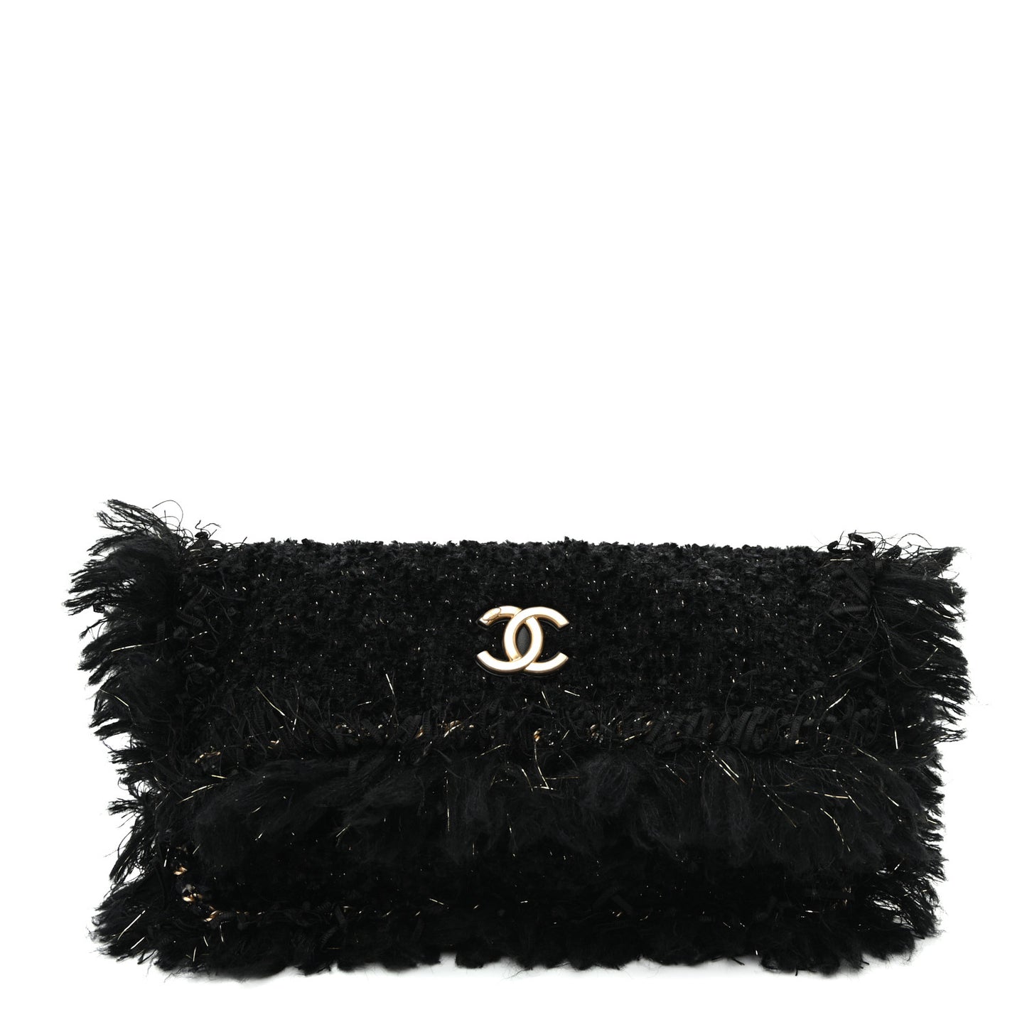 Tweed Fringe Quilted Chain Around Flap Clutch Black Gold