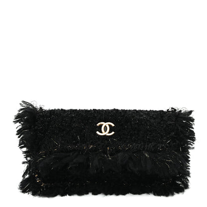 Chanel Tweed Fringe Quilted Chain Around Flap Clutch Black Gold 1 of 10
