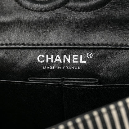 Chanel Canvas Sequin Stripe Medium Double Flap Black White 6 of 10