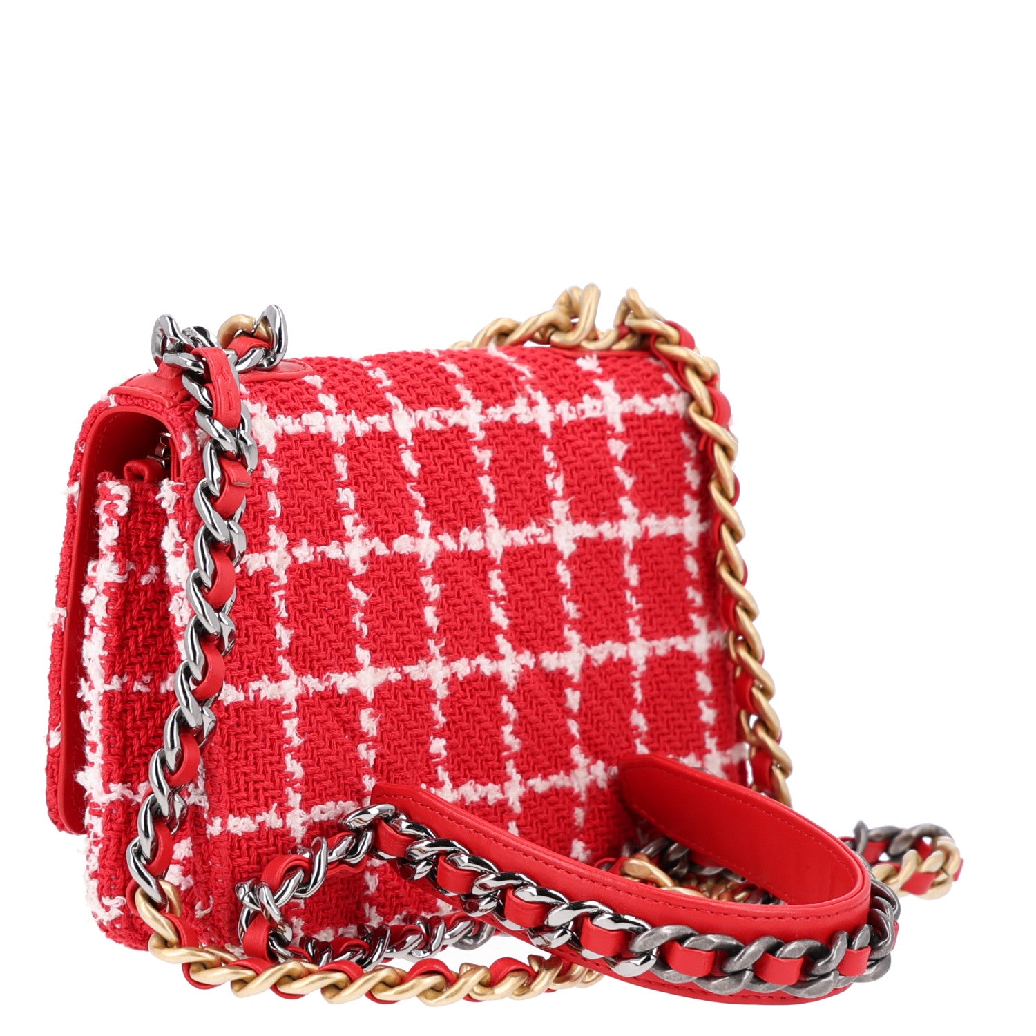 Chanel Tweed Quilted Chanel 19 Wallet On Chain WOC Red White 3 of 11