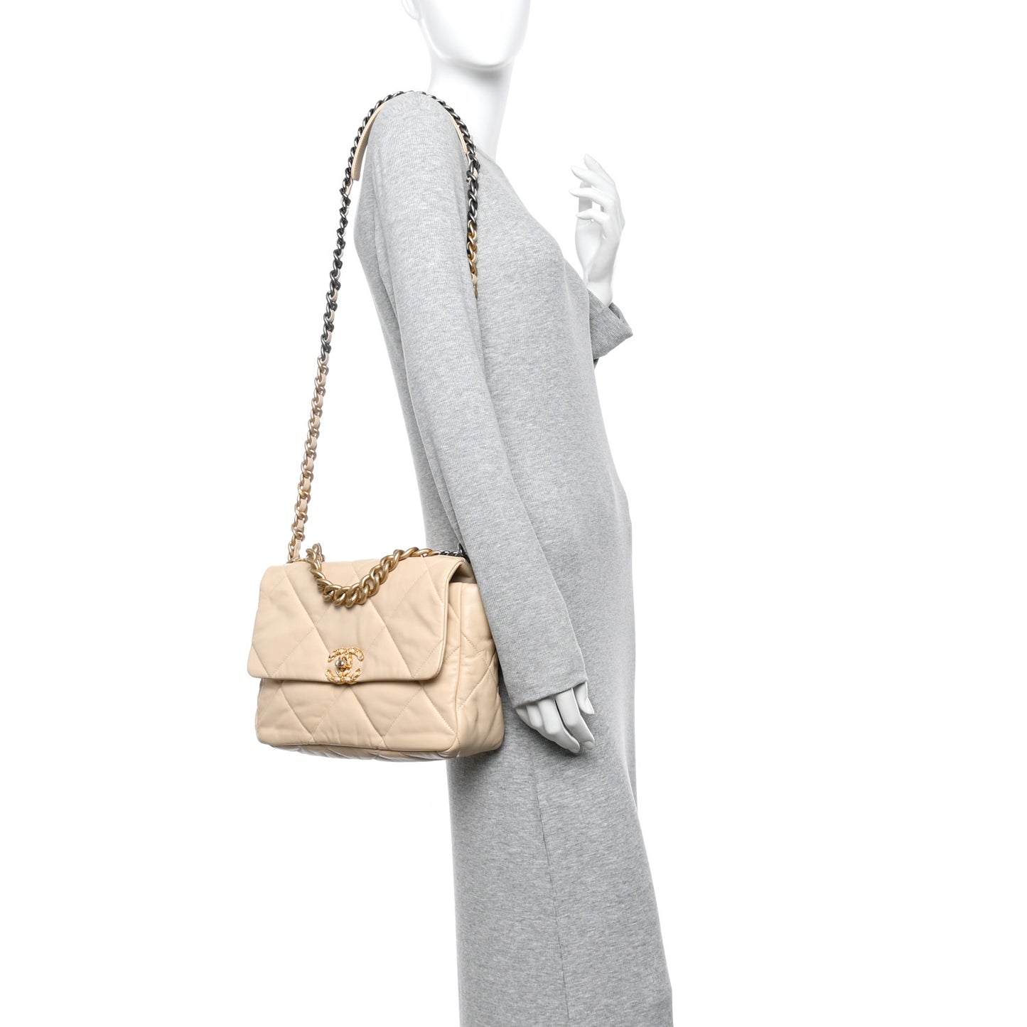 Goatskin Quilted Large Chanel 19 Flap Beige