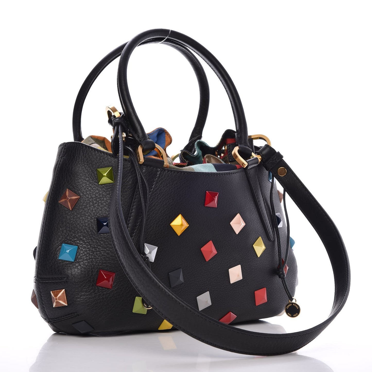 Calfskin Studded Small Drawstring Satchel Black Multicolor