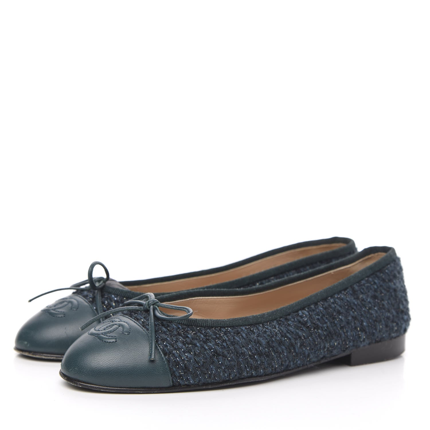 Chanel Tweed Lambskin Cap Toe Ballerina Flats 37.5 Turquoise 3 of 9