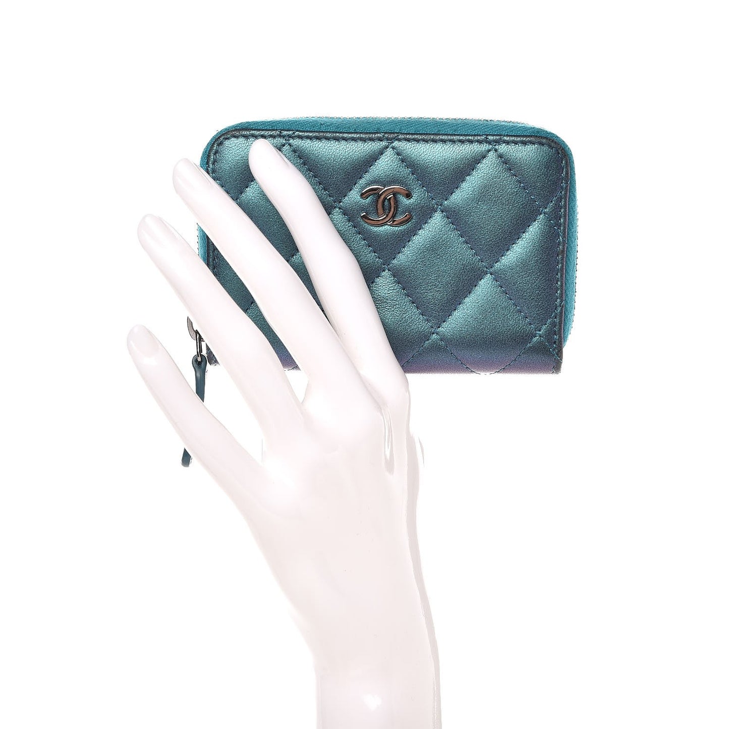 Metallic Lambskin Quilted Zip Around Coin Purse Wallet Turquoise