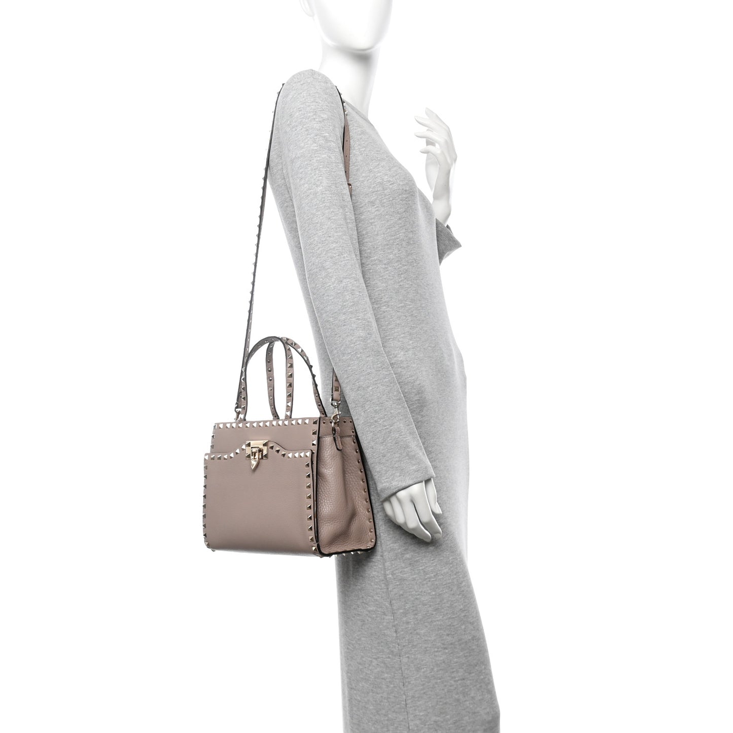 Grained Calfskin Rockstud Flip Lock Tote Poudre