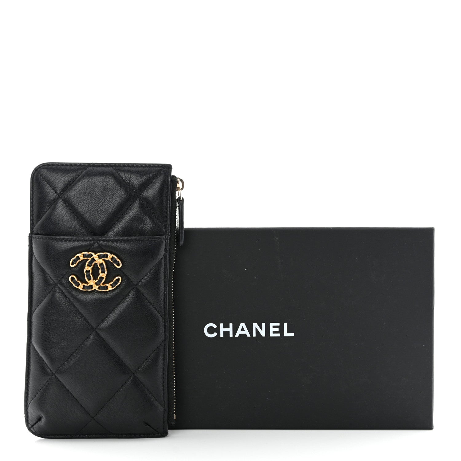 Chanel Shiny Goatskin Quilted Chanel 19 Phone and Card Holder Black 13 of 13