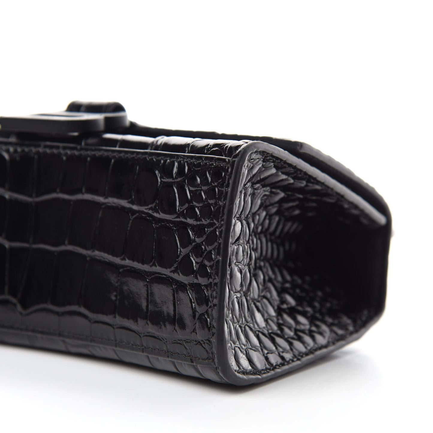 Shiny Calfskin Monochrome Crocodile Embossed Hourglass Top Handle Bag XS Black