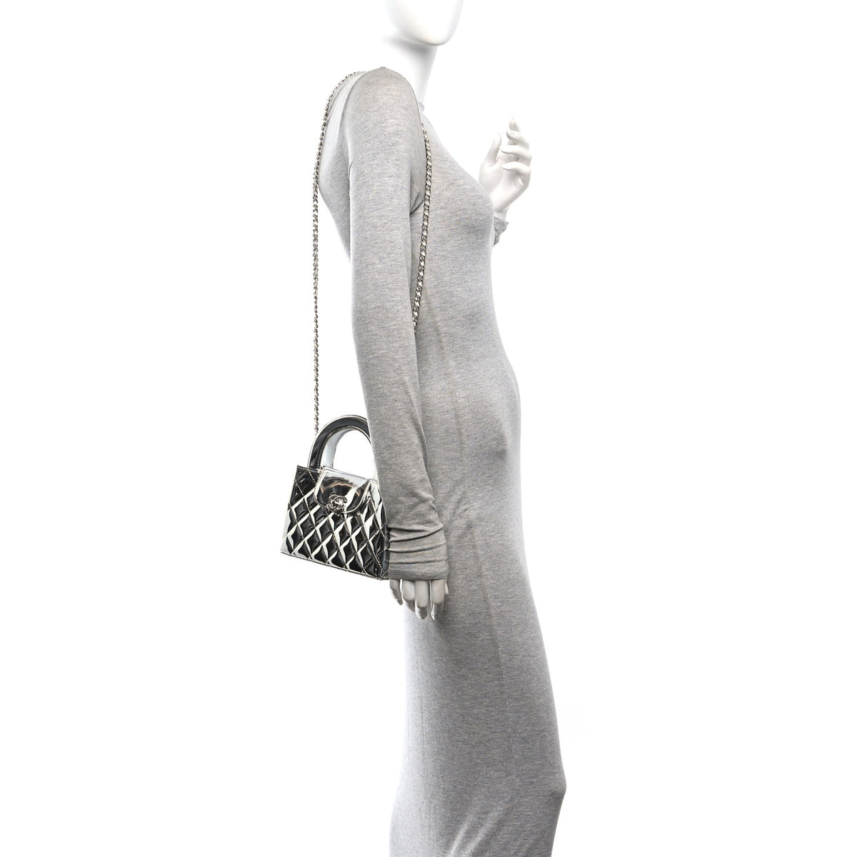 Chanel Mirror Calfskin Metallic Calfskin Quilted Nano Kelly Shopper Silvery 2 of 11
