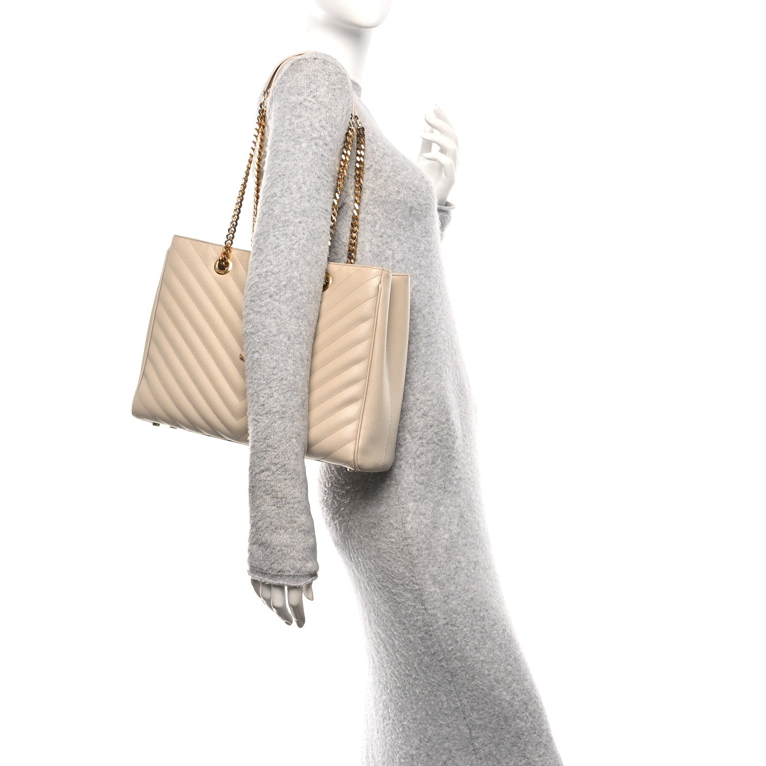Saint Laurent Grain De Poudre Matelasse Chevron Monogram Shopping Bag Nude Powder 2 of 10