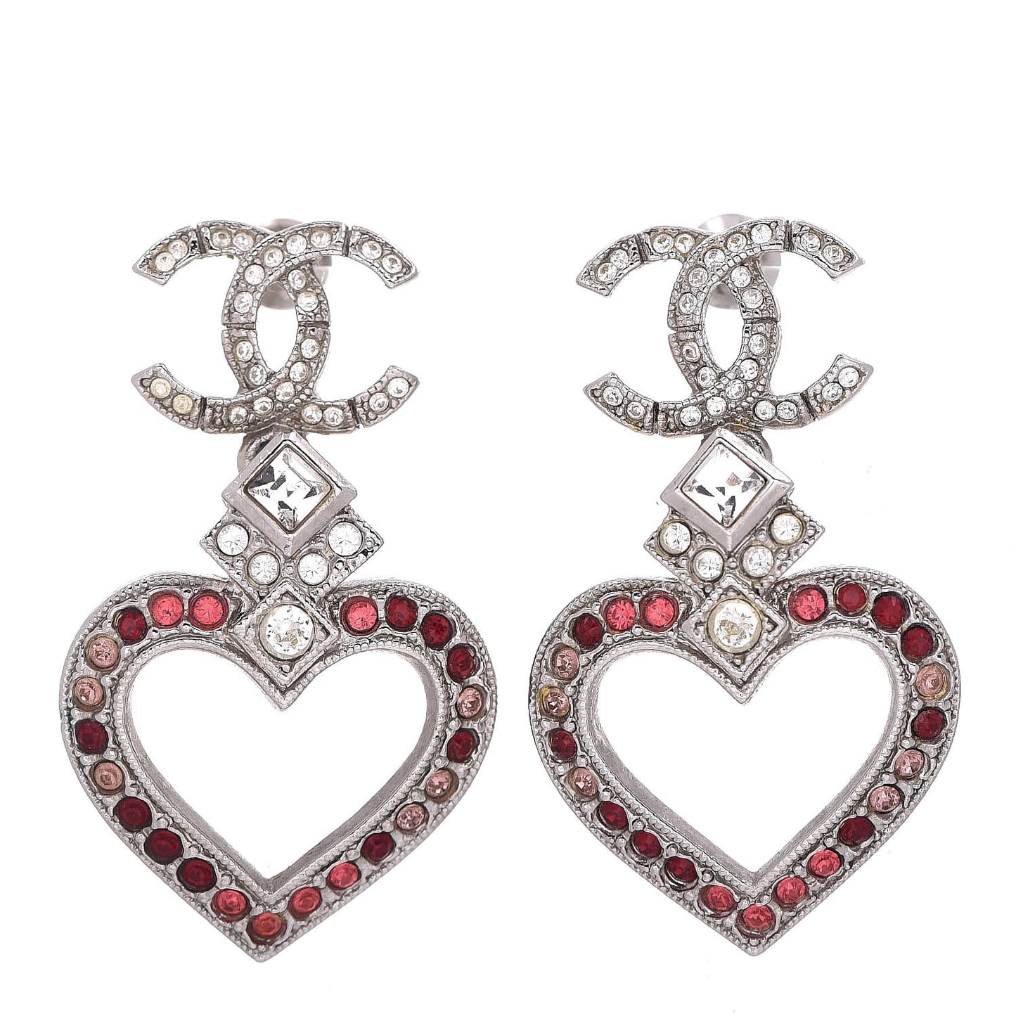 Crystal Heart CC Drop Earrings Silver