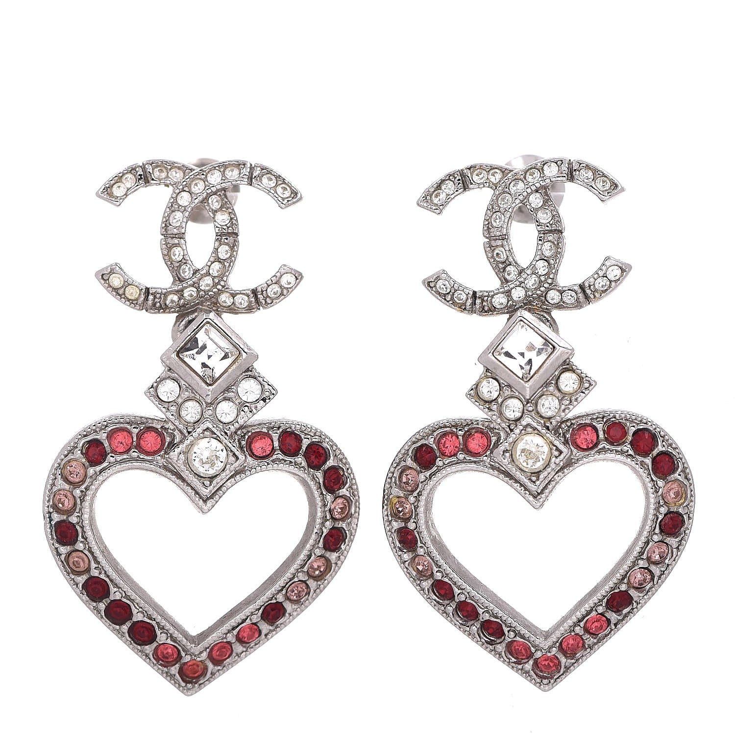 Chanel Crystal Heart CC Drop Earrings Silver 1 of 5