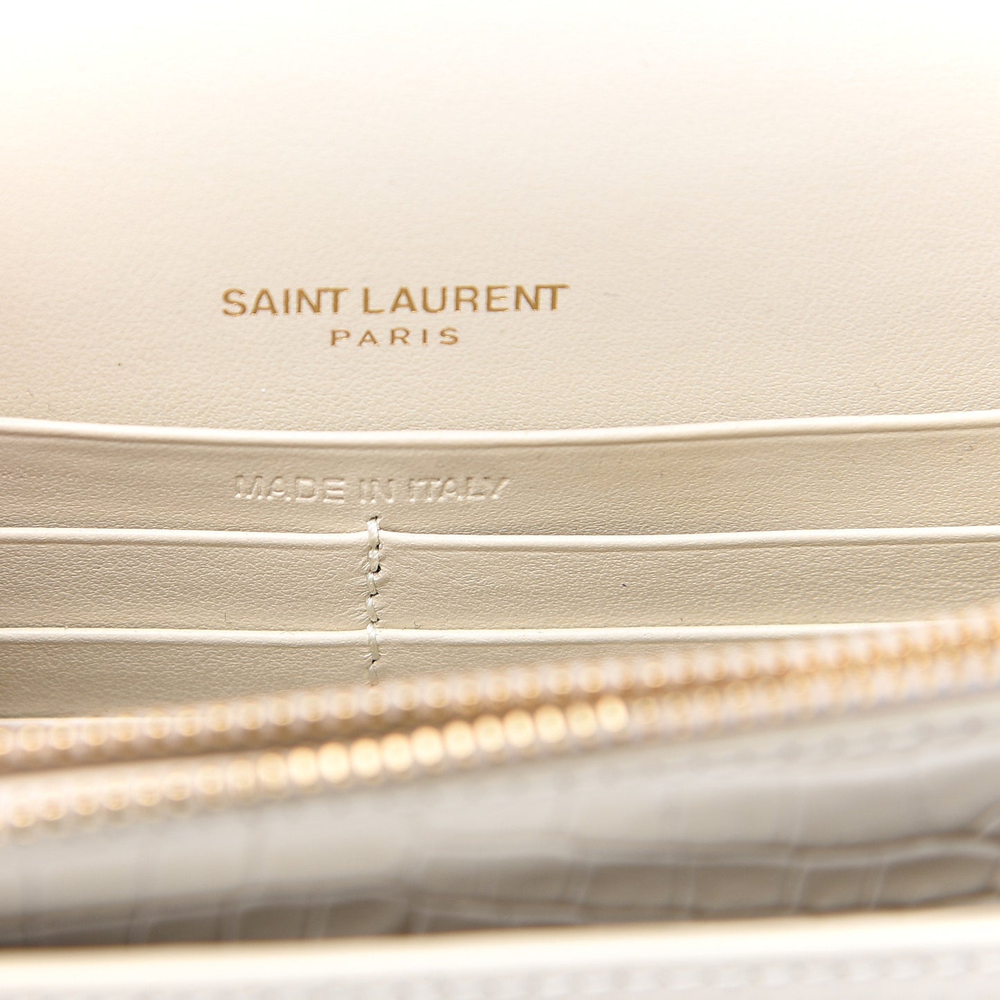 Calfskin Crocodile Embossed Monogram Sunset Chain Wallet Blanc Vintage