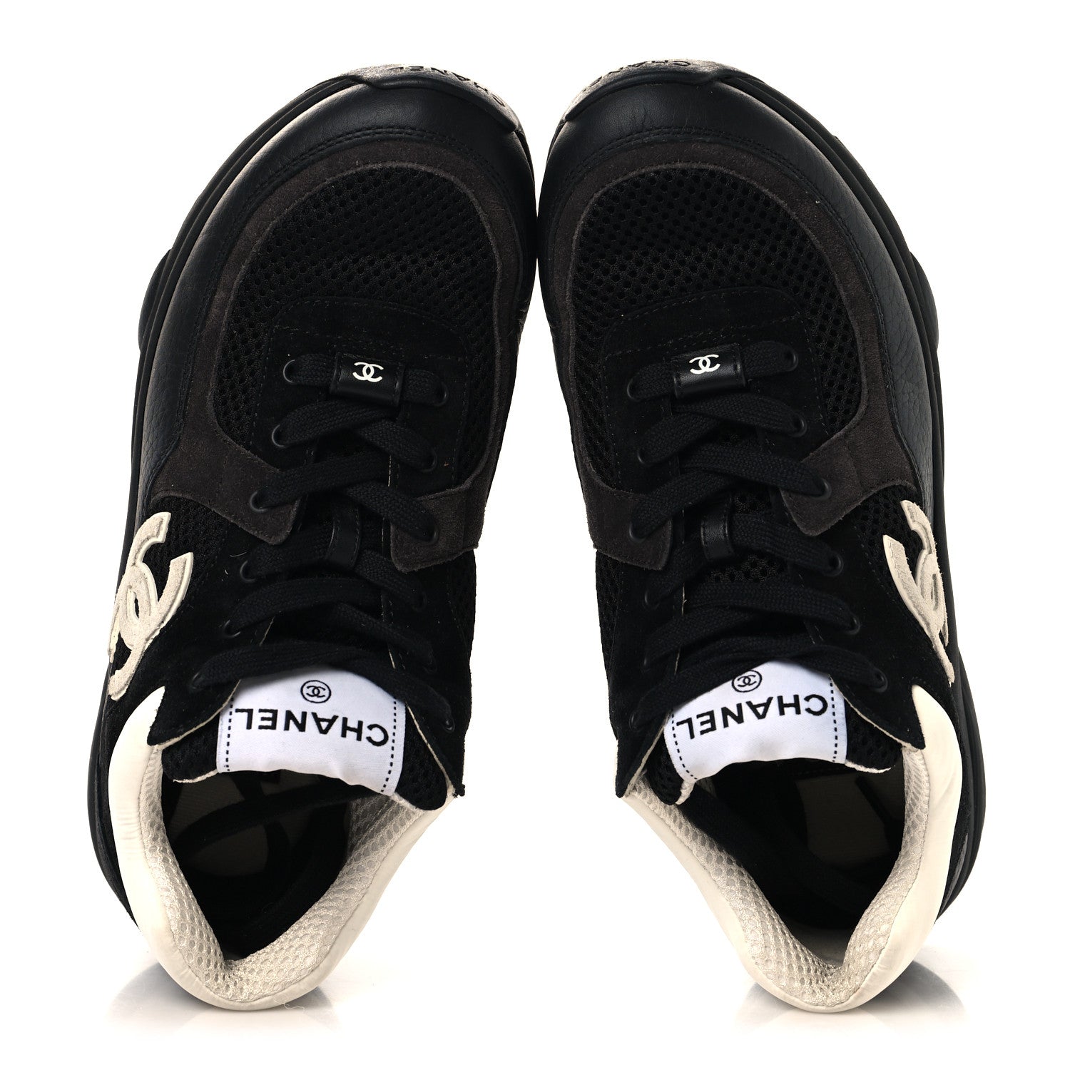 Chanel Mesh Suede Grained Calfskin Womens CC Sneakers 37.5 Black White 2 of 9