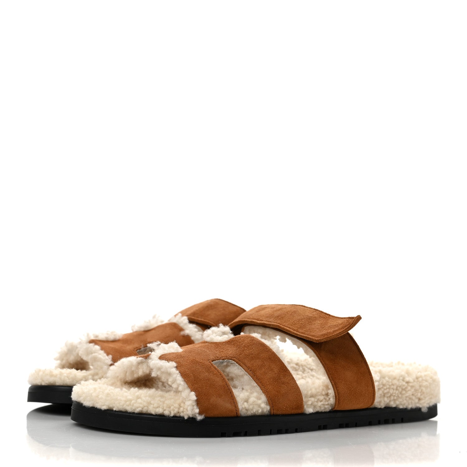 Hermes Suede Goatskin Woolskin Womens Chypre Sandals 37.5 Brun Fume Ecru 3 of 8