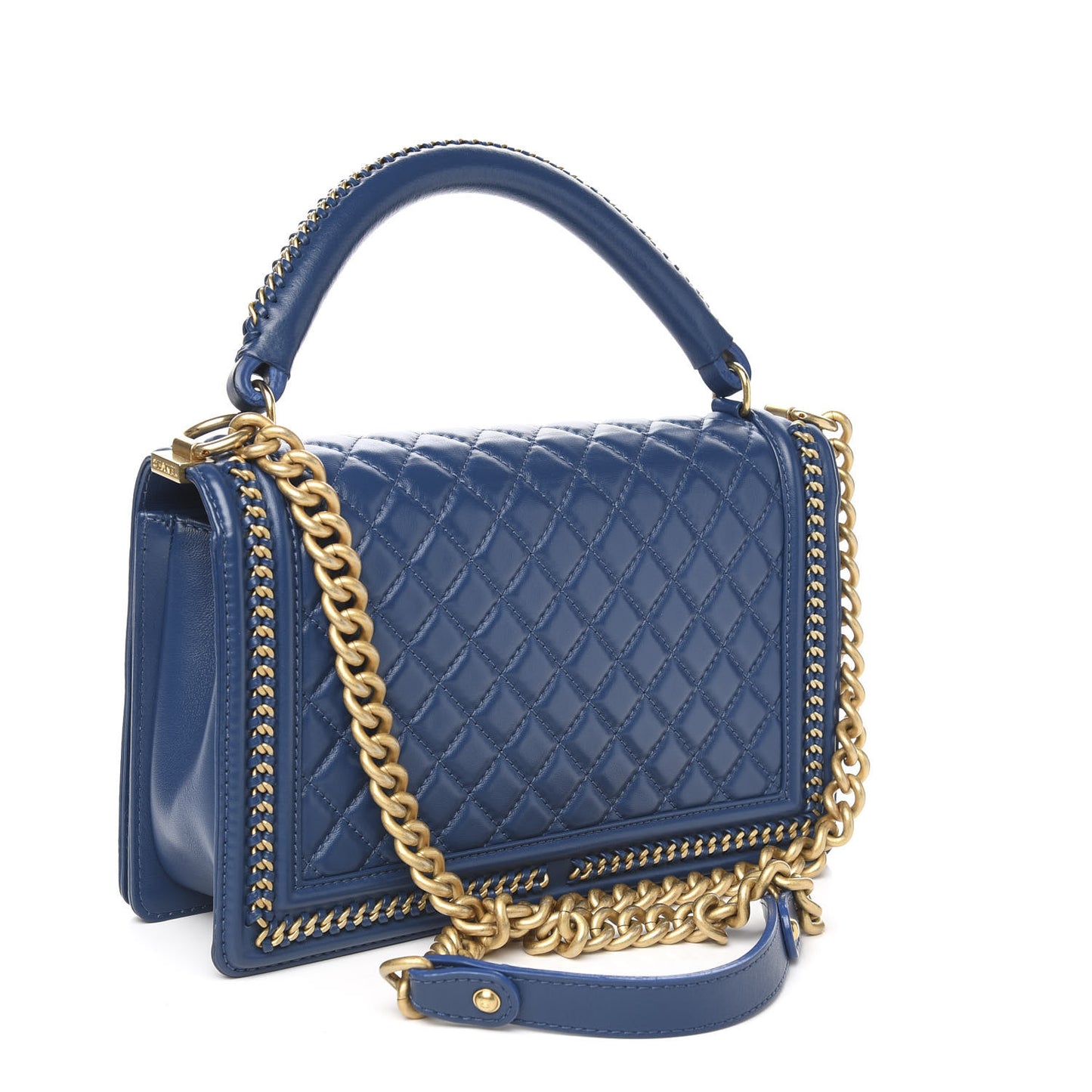 Calfskin Quilted New Medium Boy Top Handle Flap Blue