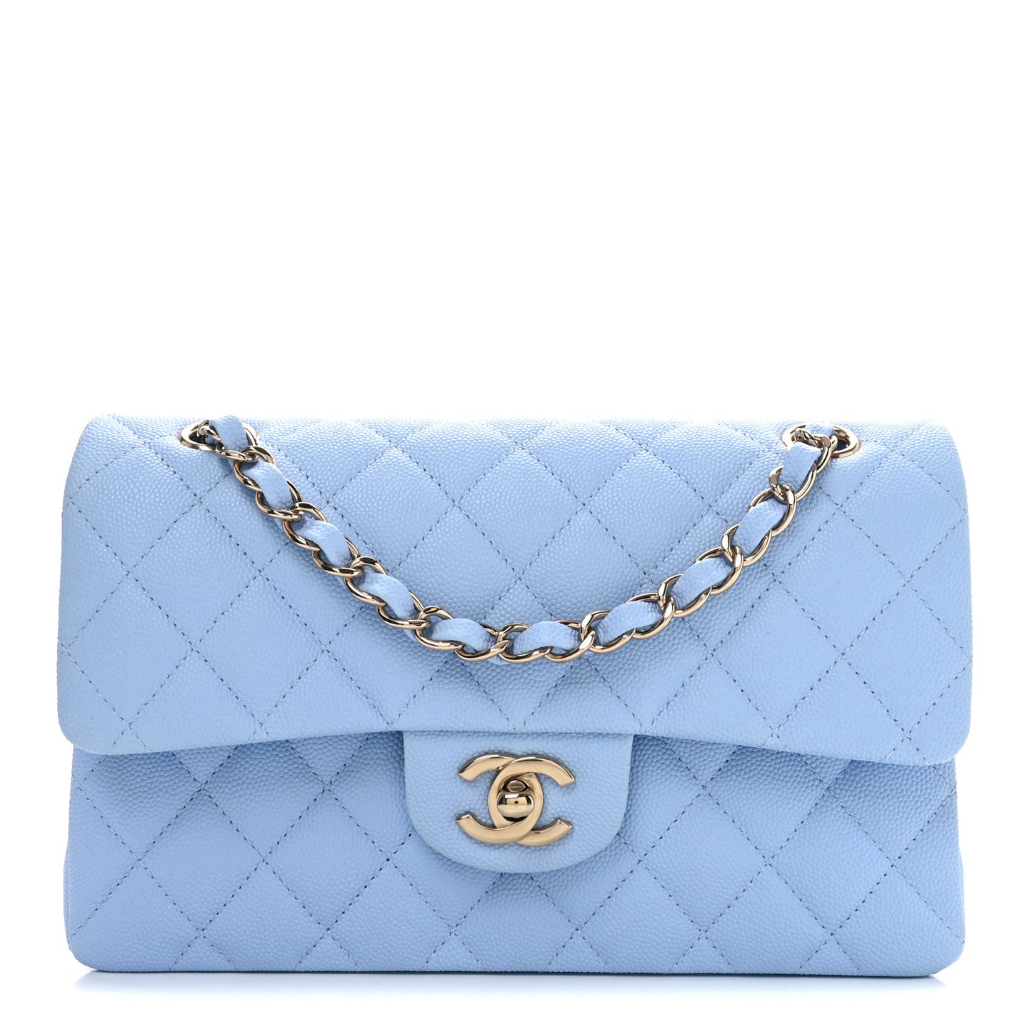 Caviar Quilted Small Double Flap Light Blue