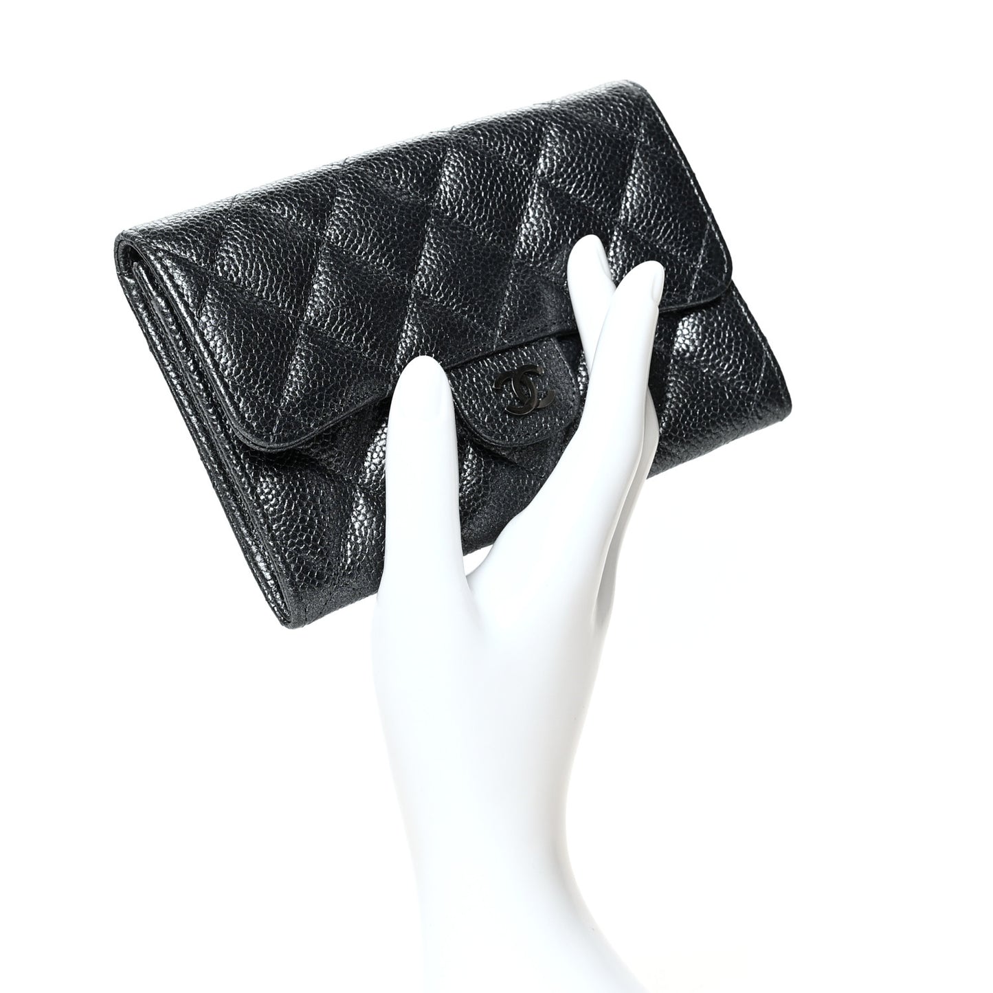 Metallic Caviar Quilted Small Flap Wallet Charcoal