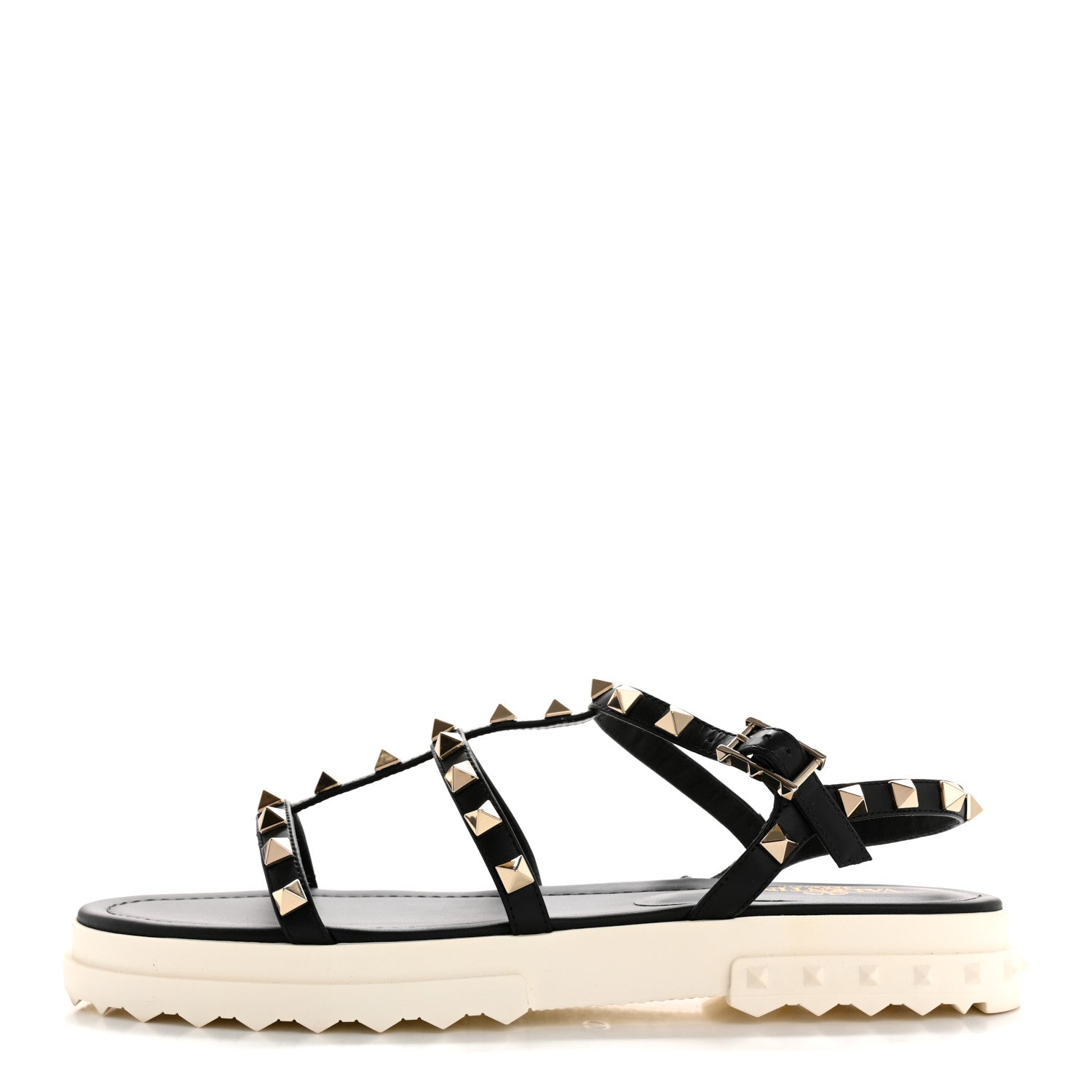 Valentino Garavani Calfskin Bedrock Rockstud Ankle Flat Sandals 38 Black White 1 of 10