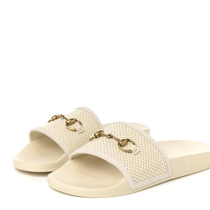 Gucci Suede Perforated Horsebit Slide Sandals 38 Ivory 3 of 8