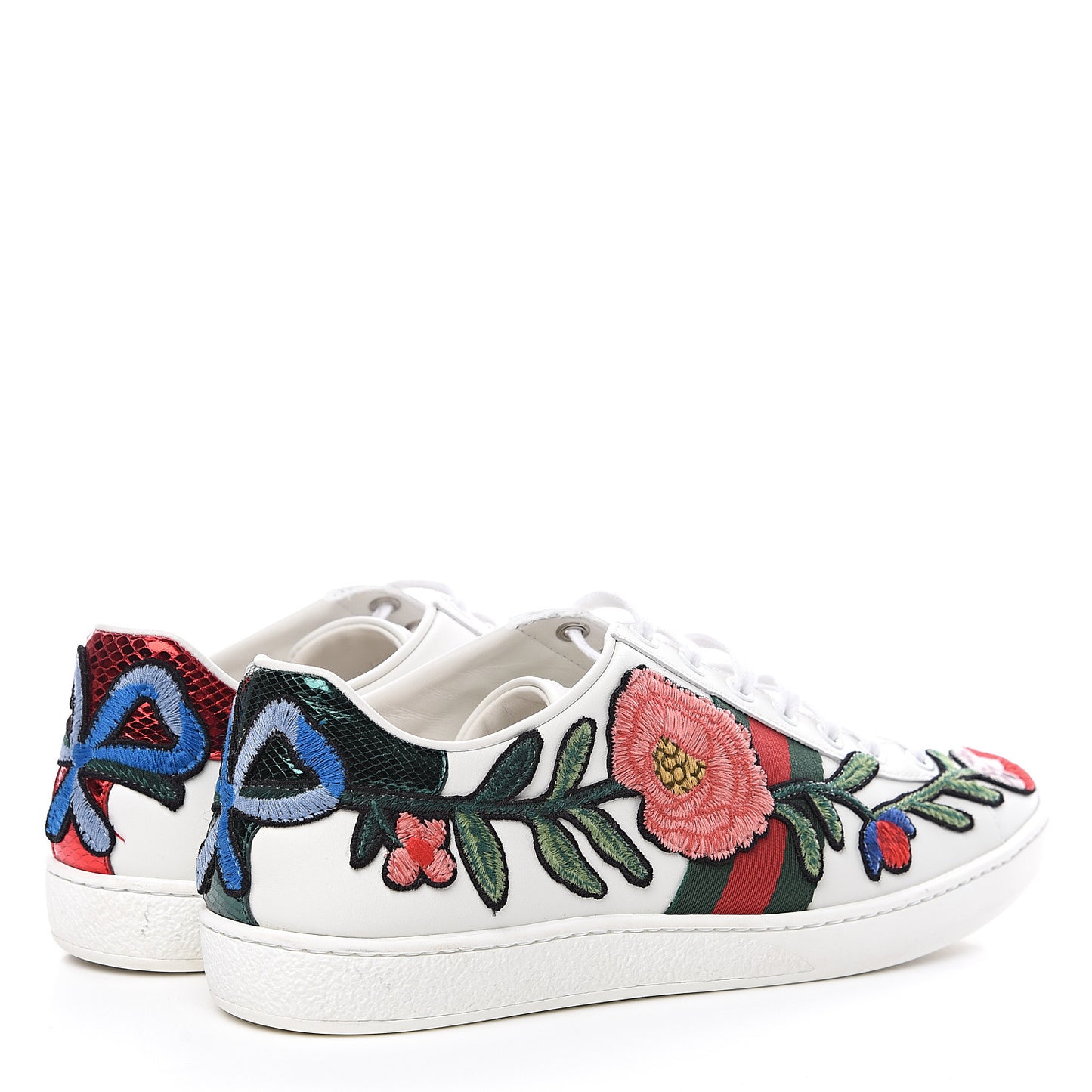 Calfskin Web Floral Embroidered Womens Ace Sneakers 38.5 White