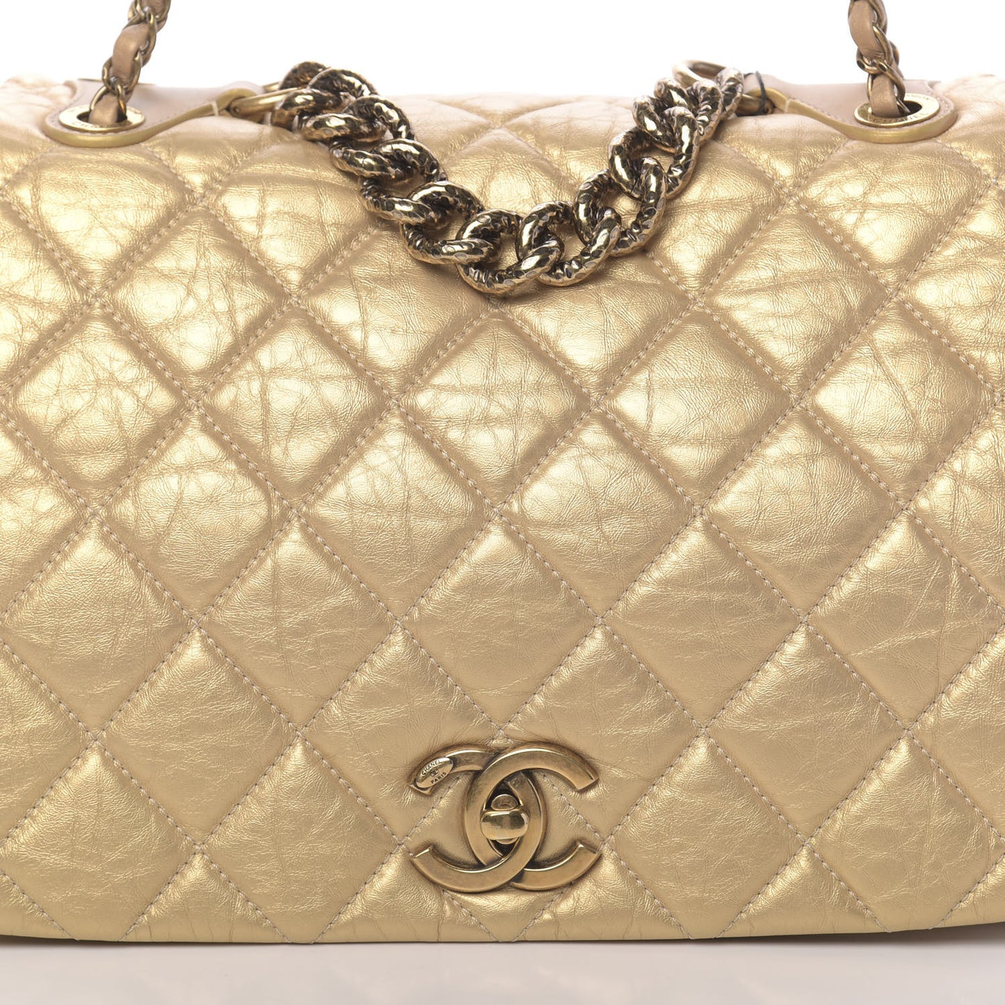 Metallic Aged Calfskin Quilted Large Pondichery Flap Gold