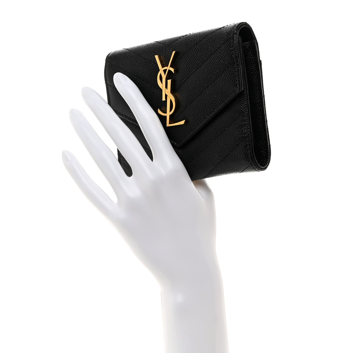 SAINT LAURENT Grain De Poudre Matelasse Chevron Monogram Compact Tri Fold Wallet Black