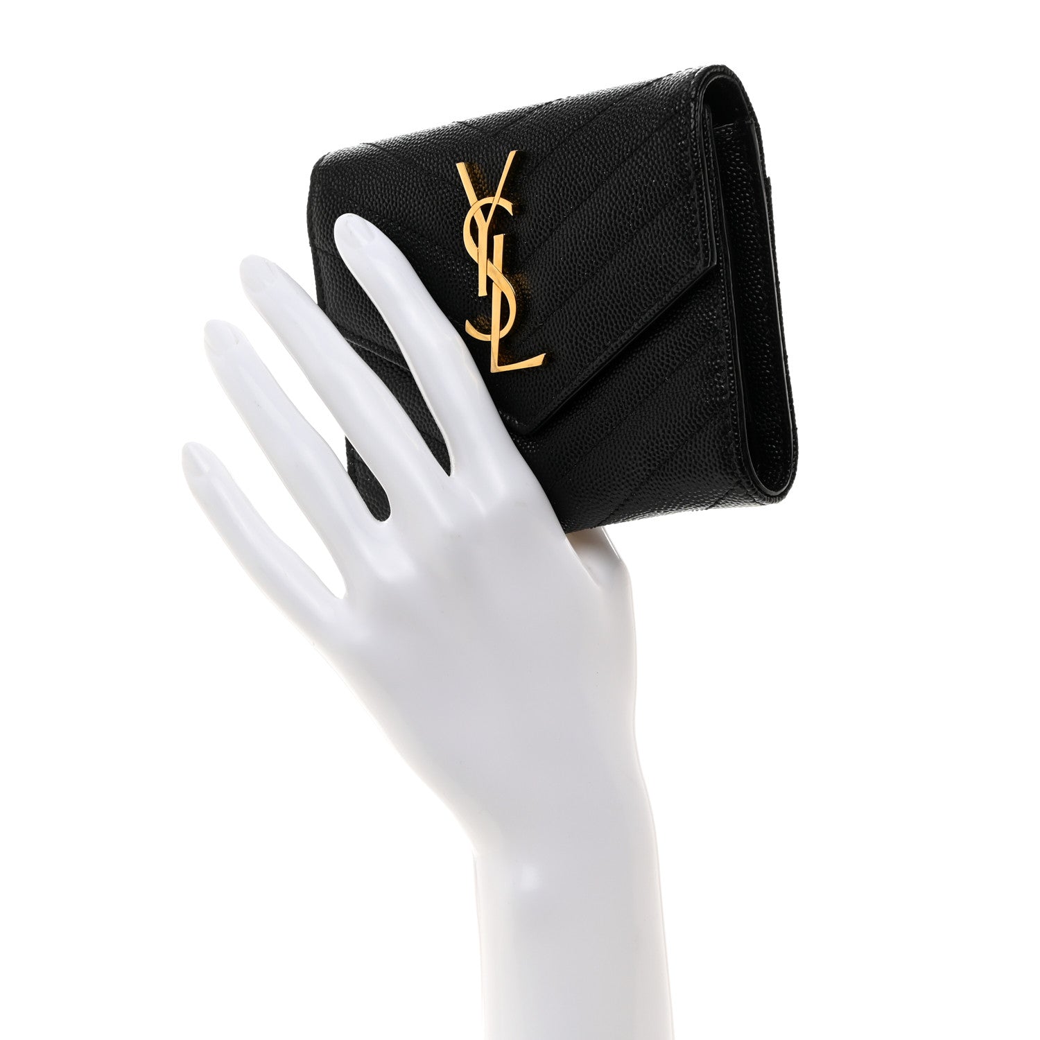 Saint Laurent SAINT LAURENT Grain De Poudre Matelasse Chevron Monogram Compact Tri Fold Wallet Black 2 of 7