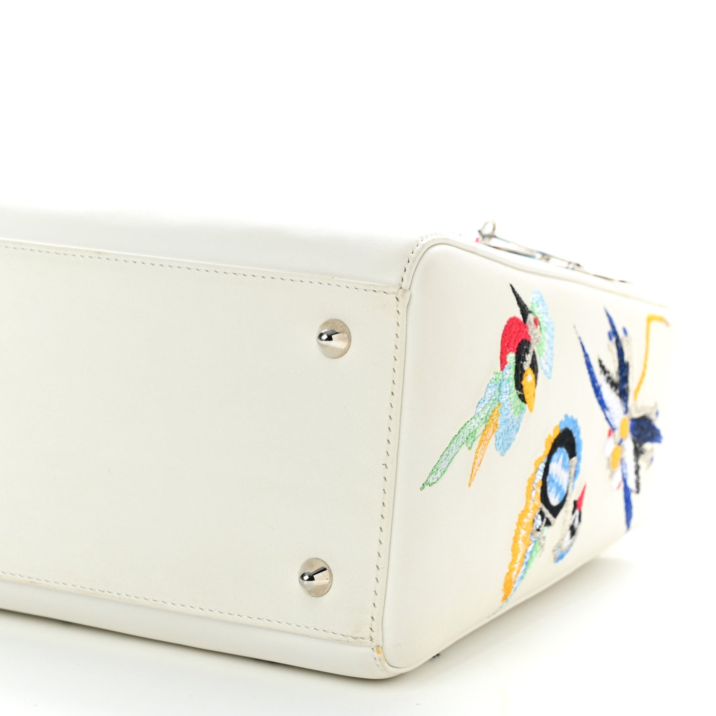 Smooth Calfskin Embroidered Medium Lady Dior White Multicolor