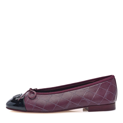 Chanel Printed Lambskin Patent CC Cap Toe Ballerina Flats 36 Burgundy Black 1 of 9