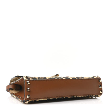 Valentino Garavani Calfskin Canvas Leopard Print Medium Rockstud Flip Lock Crossbody Bag Tan 4 of 9