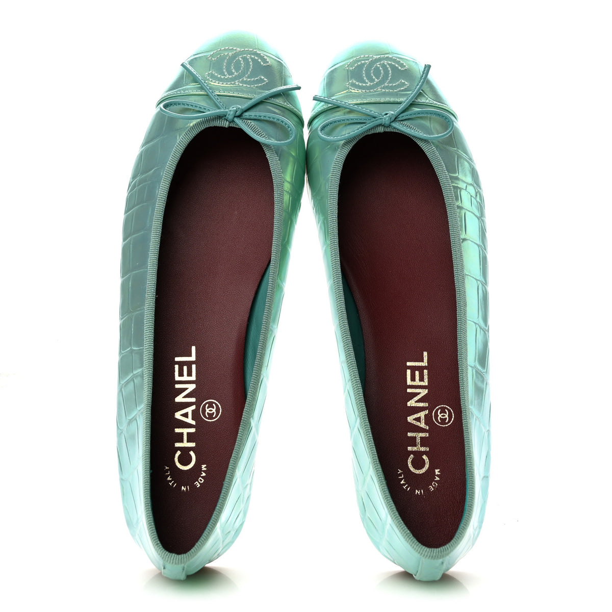 Chanel Iridescent Calfskin Crocodile Embossed Ballerina Flats 38.5 Green 2 of 10