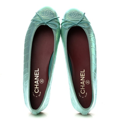 Chanel Iridescent Calfskin Crocodile Embossed Ballerina Flats 38.5 Green 2 of 10