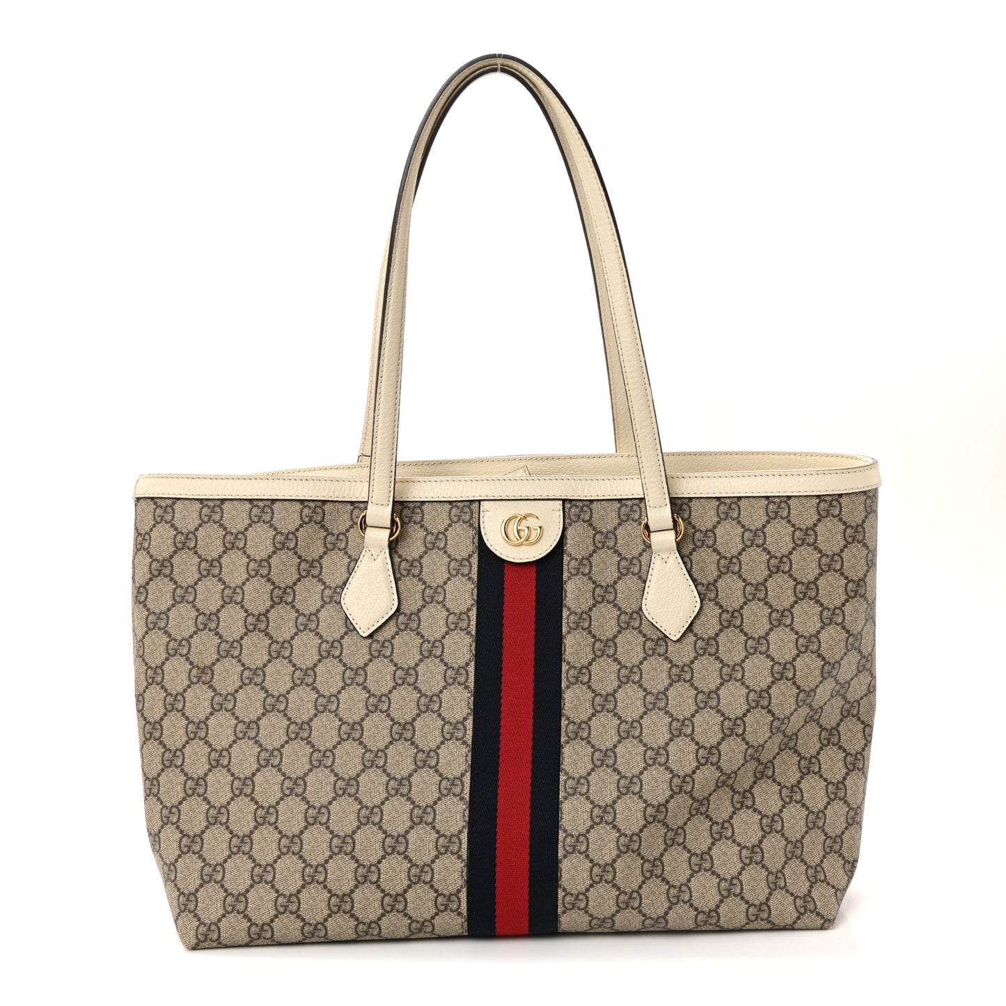GG Supreme Monogram Textured Dollar Calfskin Web Medium Ophidia Shopping Tote Beige Ebony Mystic White