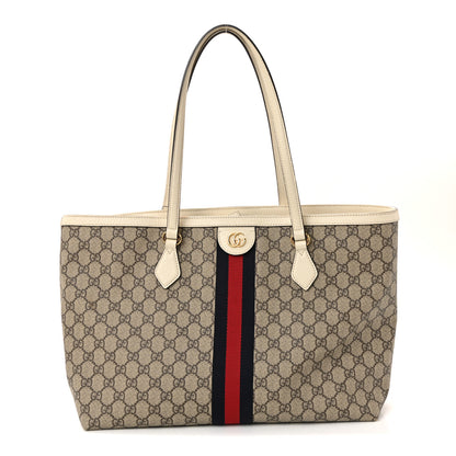 Gucci GG Supreme Monogram Textured Dollar Calfskin Web Medium Ophidia Shopping Tote Beige Ebony Mystic White 1 of 10