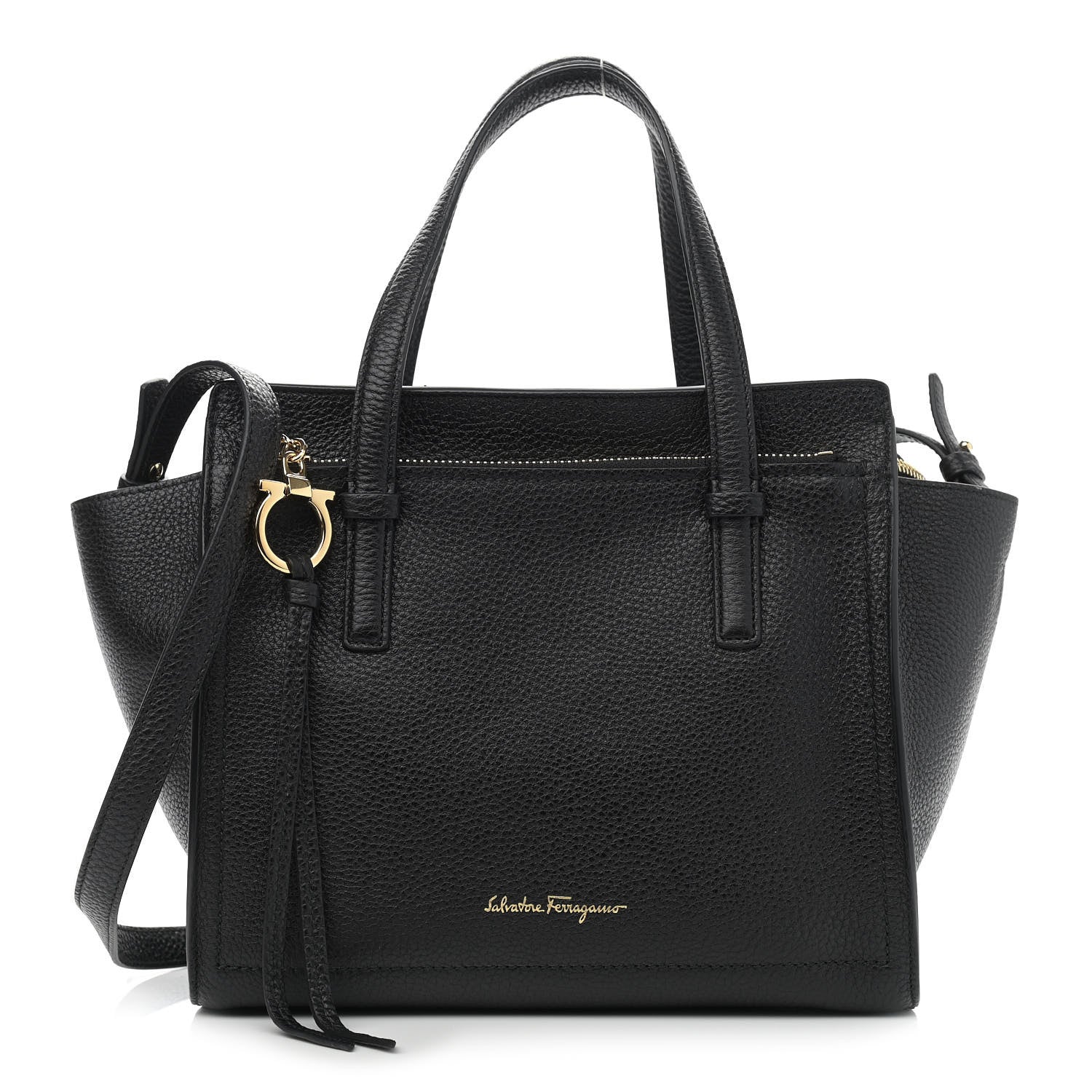 Salvatore Ferragamo Hammered Calfskin Double Handle Small Amy Tote Black 1 of 10