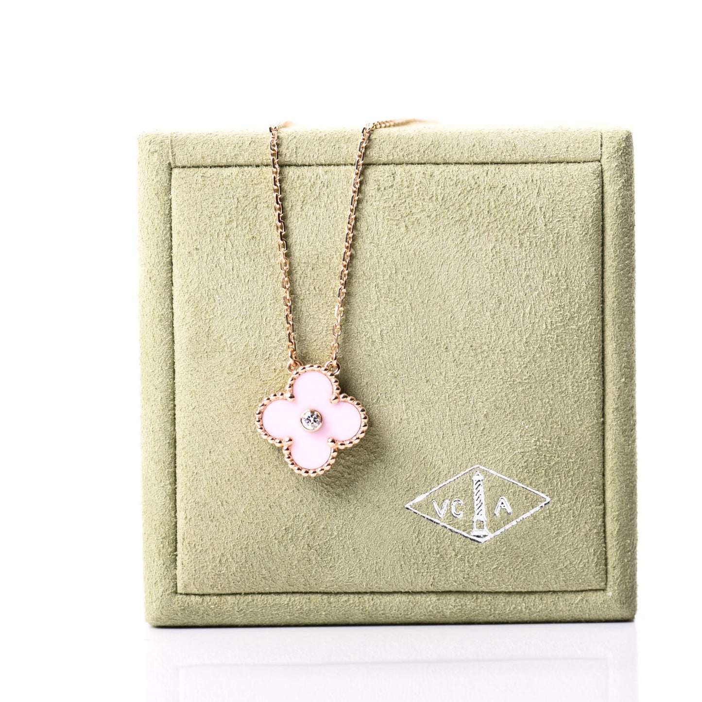 18K Rose Gold Diamond Pink Porcelain Vintage Alhambra Pendant Necklace