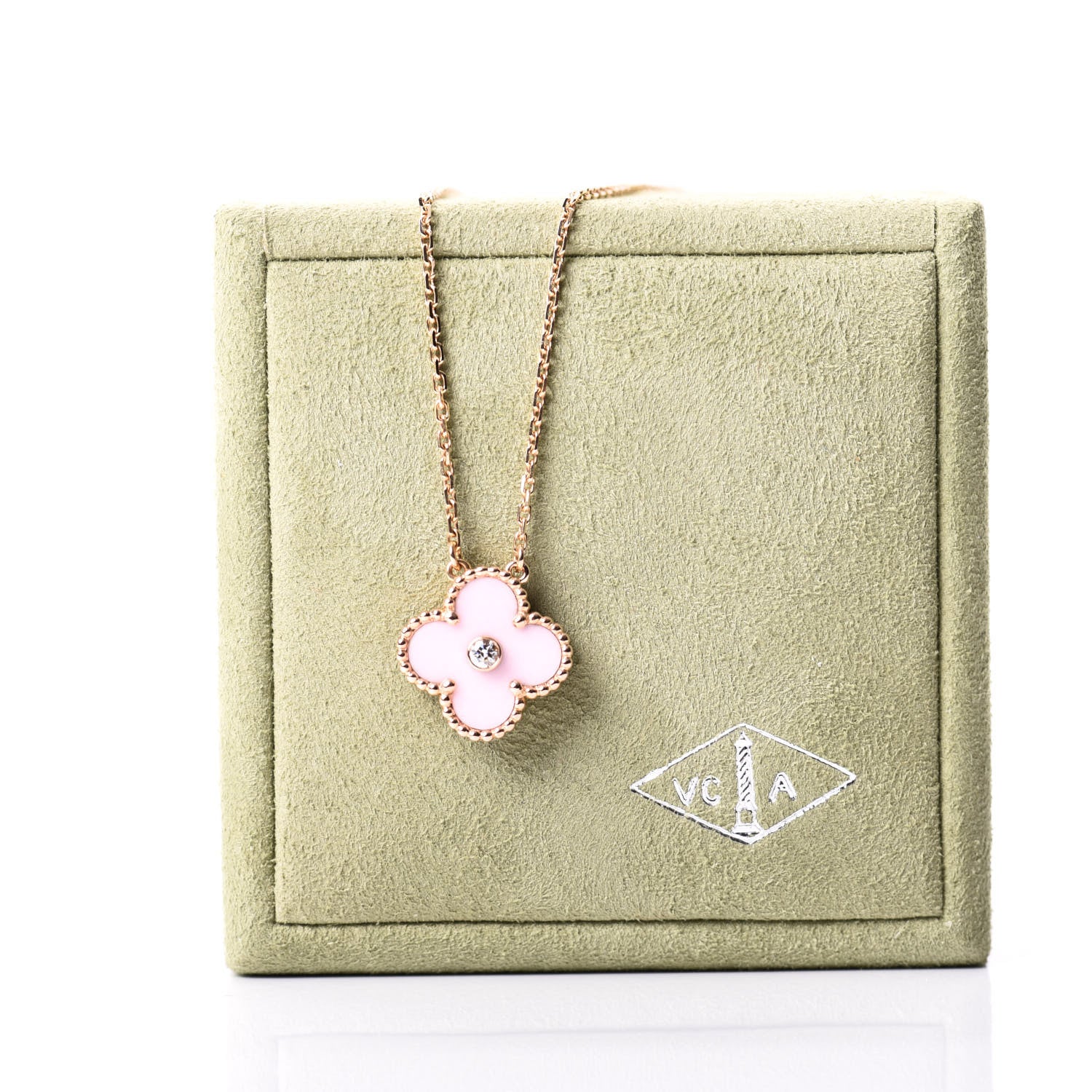 Van Cleef & Arpels 18K Rose Gold Diamond Pink Porcelain Vintage Alhambra Pendant Necklace 5 of 5