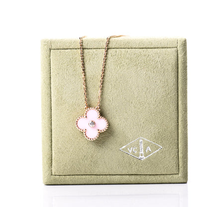 Van Cleef & Arpels 18K Rose Gold Diamond Pink Porcelain Vintage Alhambra Pendant Necklace 5 of 5