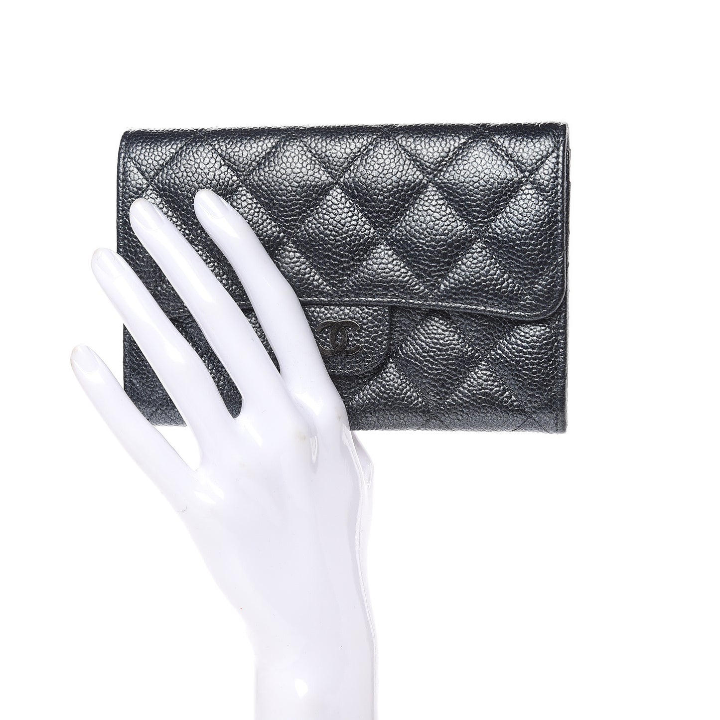 Metallic Caviar Quilted Small Flap Wallet Charcoal
