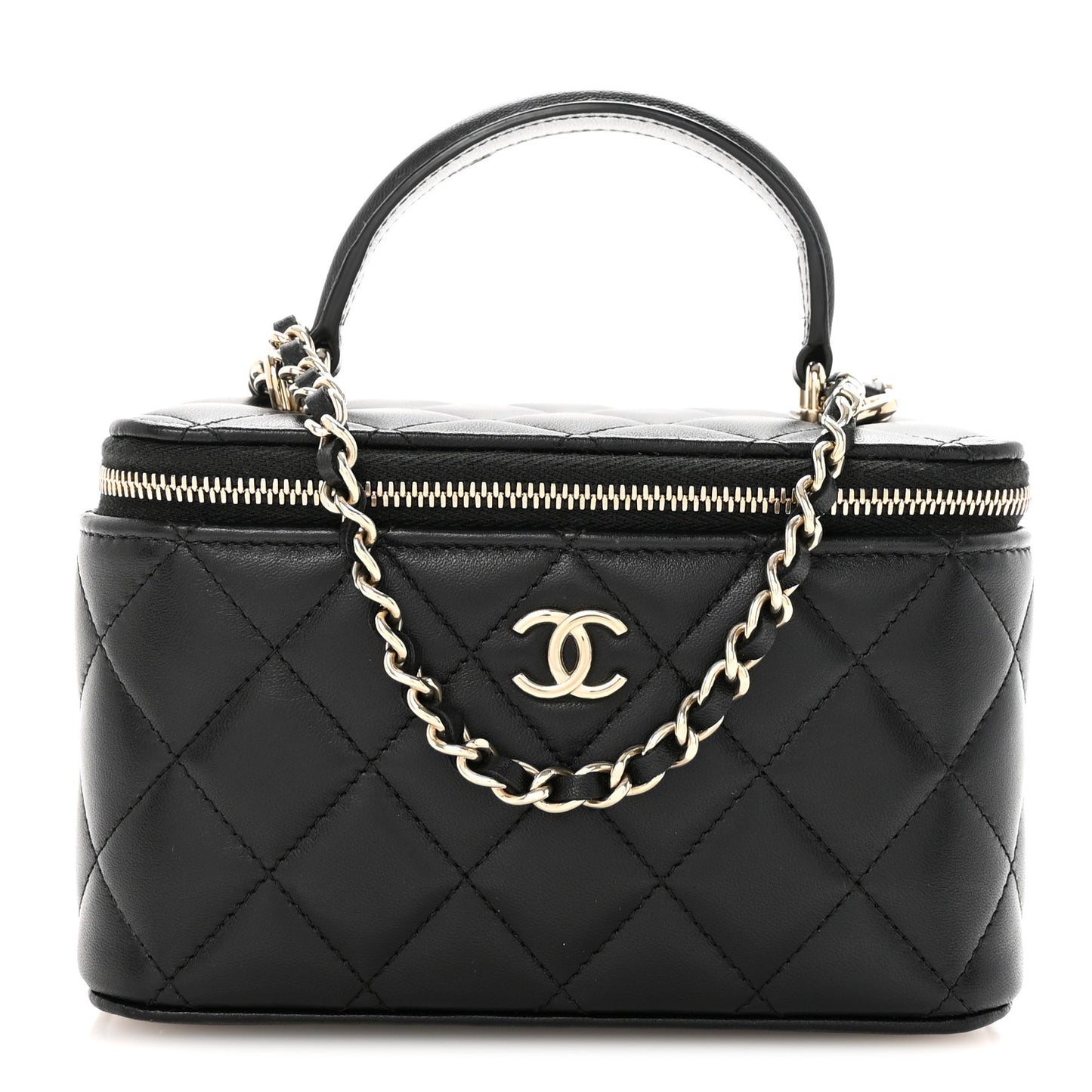 Lambskin Quilted Small Top Handle Vanity Case With Chain Black